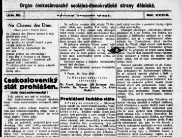 Hlas lidu, titulní strana vydání z 30. října 1918. Státní vědecká knihovna v Olomouci.